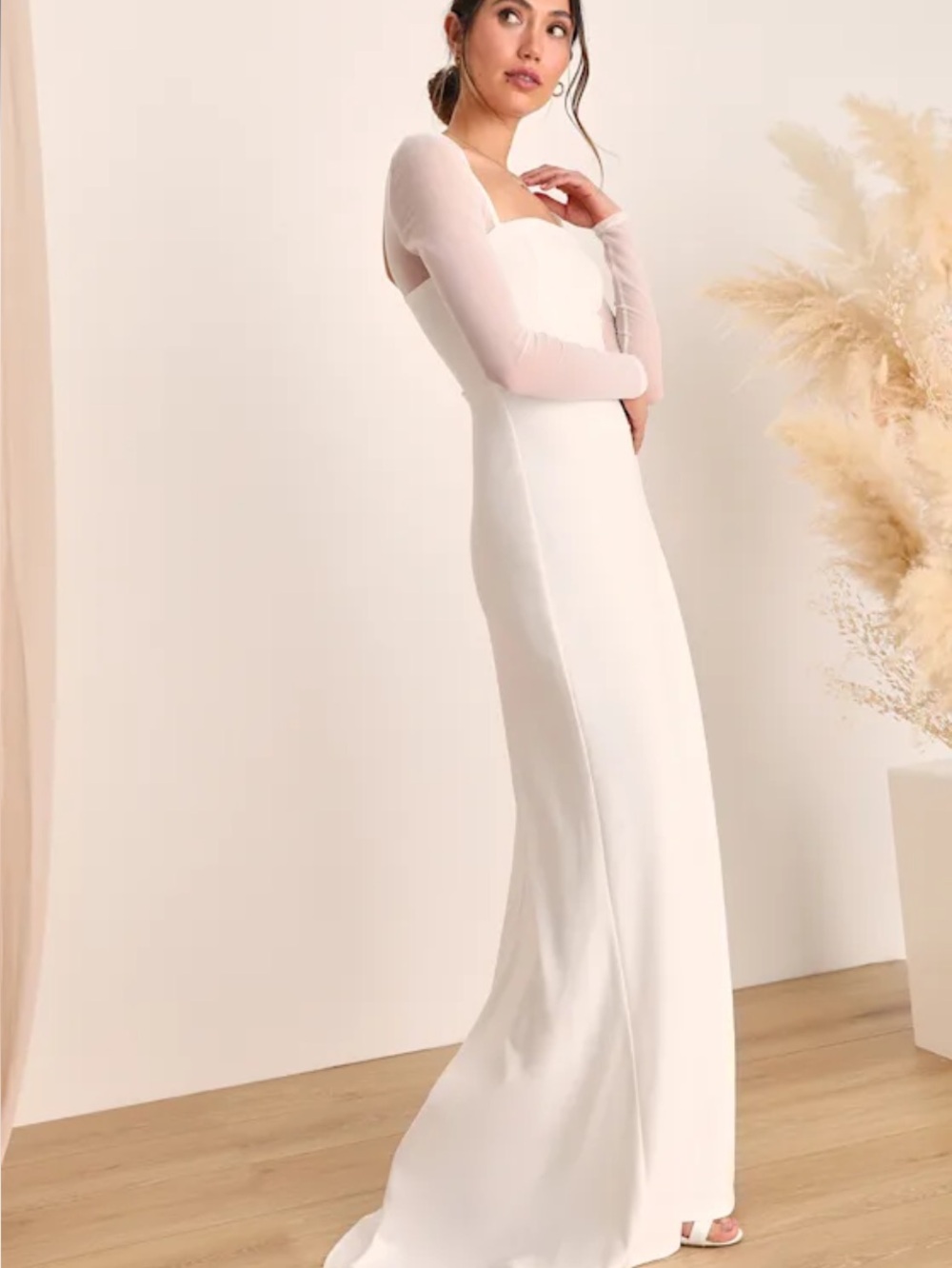 New Lulus Lovingly Yours Elegant White Square-Neck Long Sleeve Dress Sz Small - Picture 5 of 11